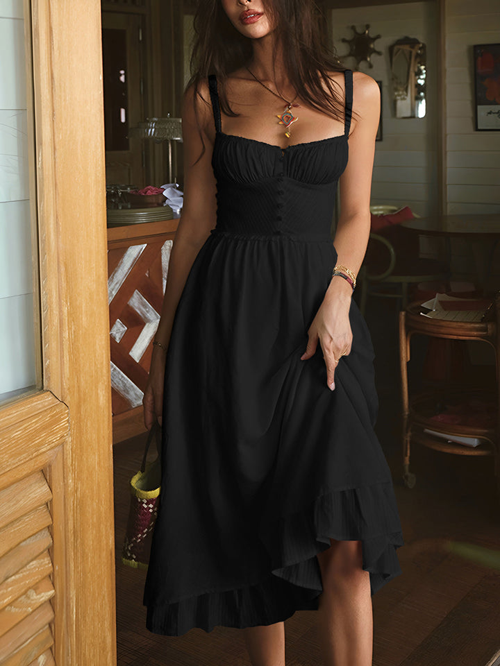 Comfortable women's flowy smocked midi dress with adjustable spaghetti straps, great for summer casual outfits.