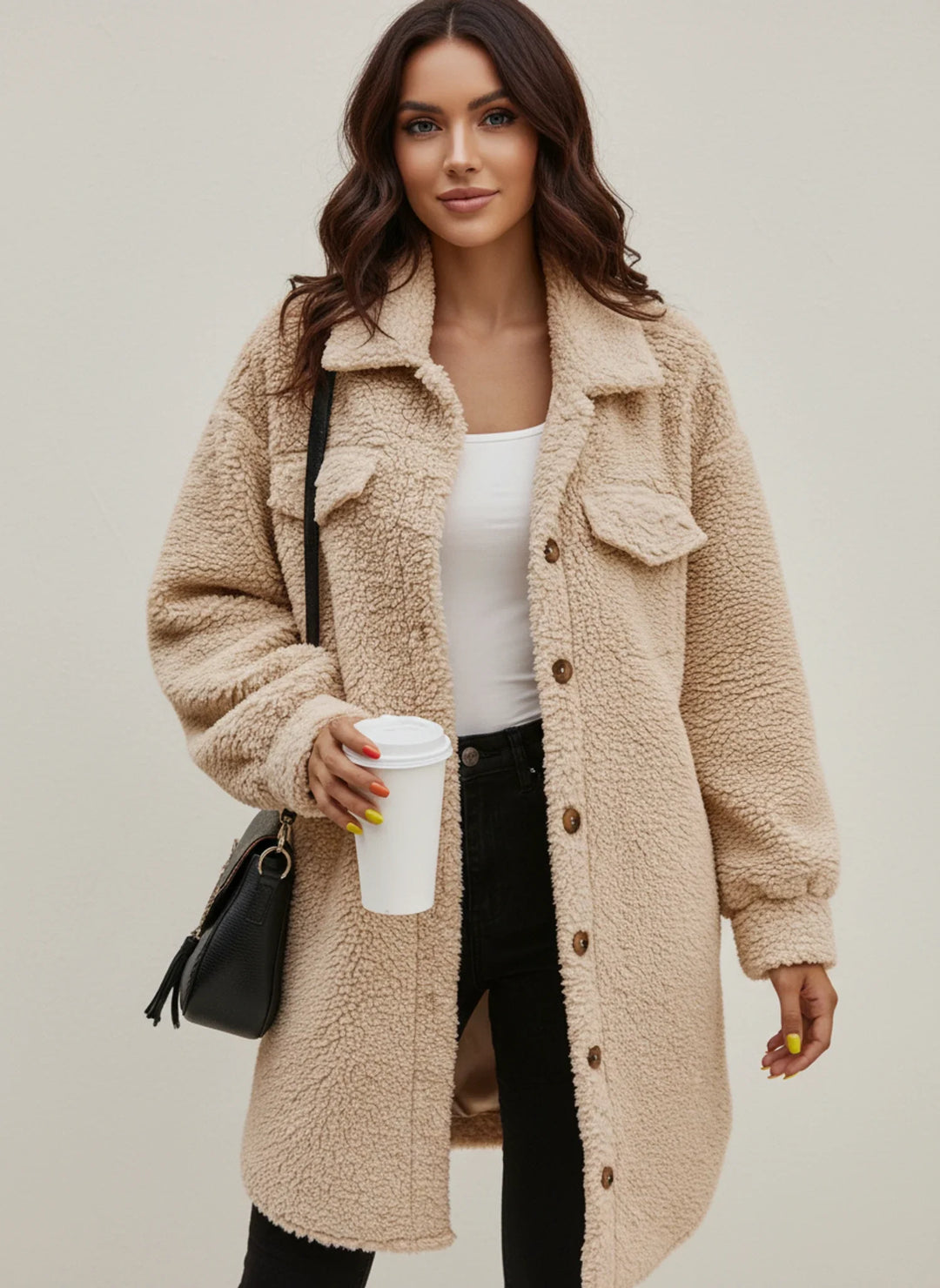 Women's soft apricot oversized button-down shirt jacket (shacket) for casual fall layering.