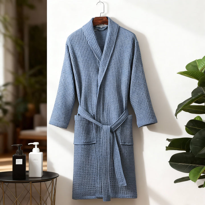 Front view of a women's lightweight waffle robe, designed for ultimate comfort and stylish lounging.
