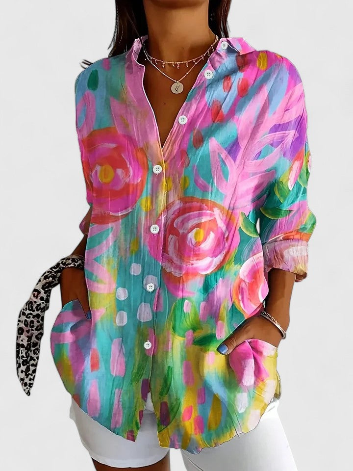 Women's sophisticated long-sleeve blouse with a unique, elegant print. Perfect for versatile spring/summer fashion.