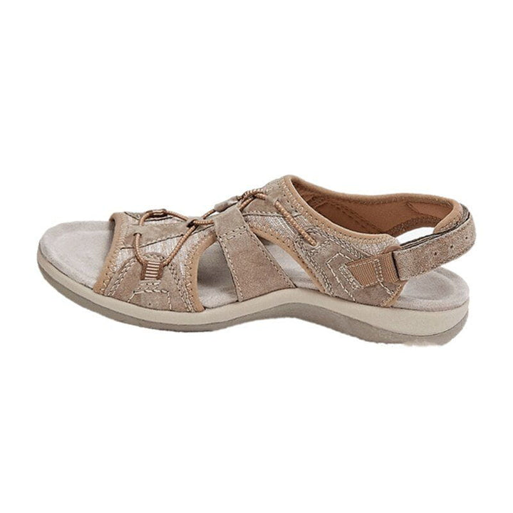 Close-up of the fabric straps on women's sporty comfort sandals for spring