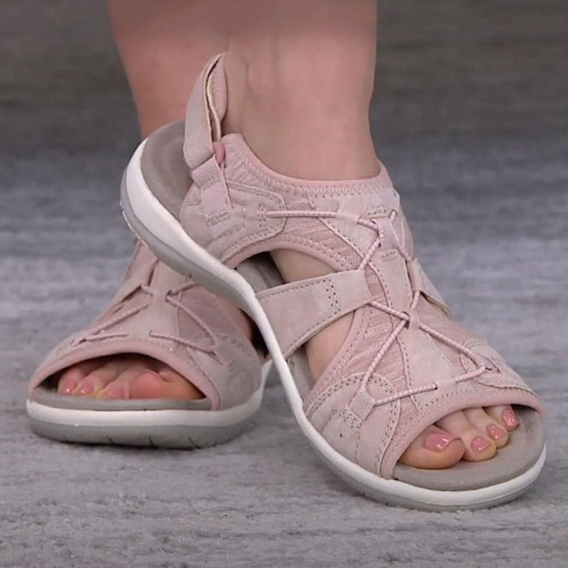 Women's grey comfort sandals with adjustable straps, designed for spring, side view
