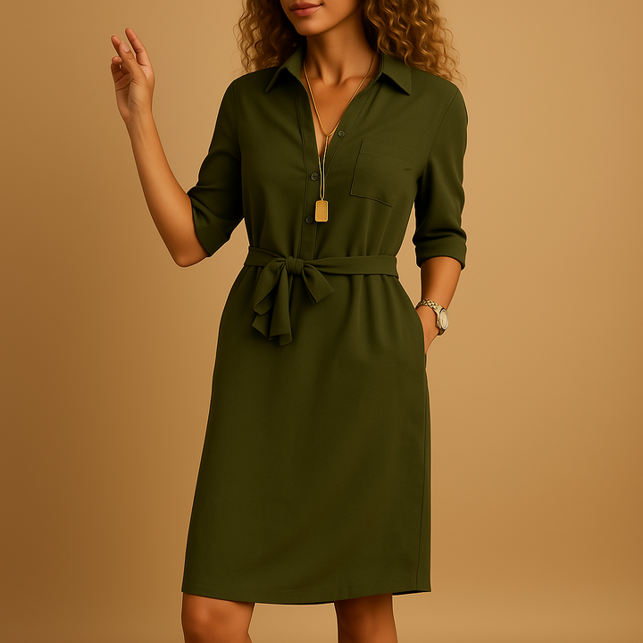 Close-up of the fabric and button details on a women's spring belted button-down midi shirt dress.