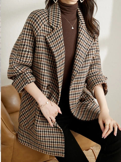 Women's Spring Check Blazer Jacket in classic plaid, perfect for smart casual and workwear outfits