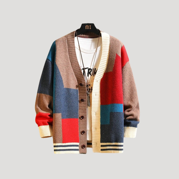 Stylish women's knitwear cardigan in a vibrant spring colorblock design with functional buttons.