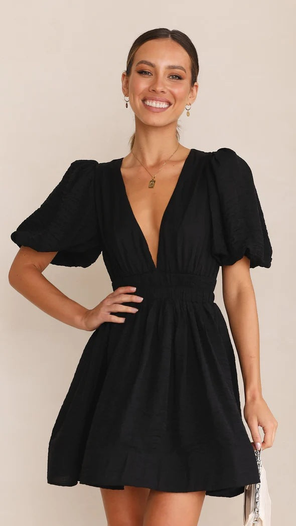 Women's spring Light Blue mini dress with exaggerated puff sleeves, a trendy and casual short dress option
