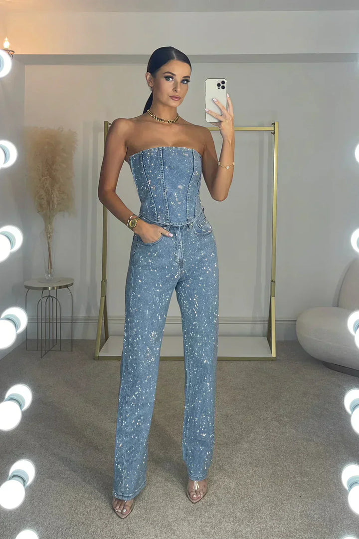 Chic Starlight women's strapless sequin jumpsuit, an elegant & sparkling evening wear option for special events.