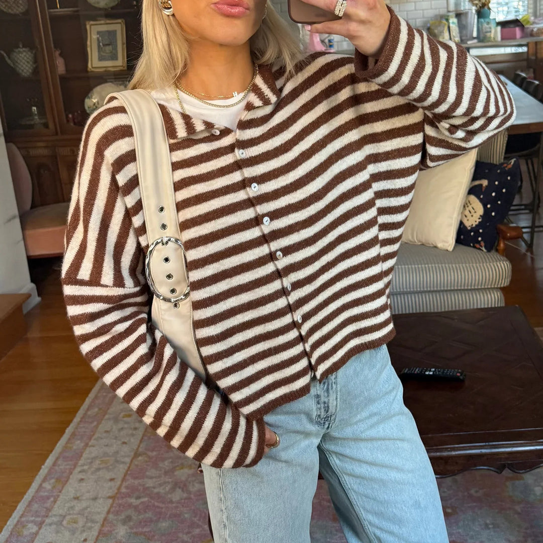 Women's striped button-front cardigan. Long sleeve, stand collar for stylish, cozy layering.
