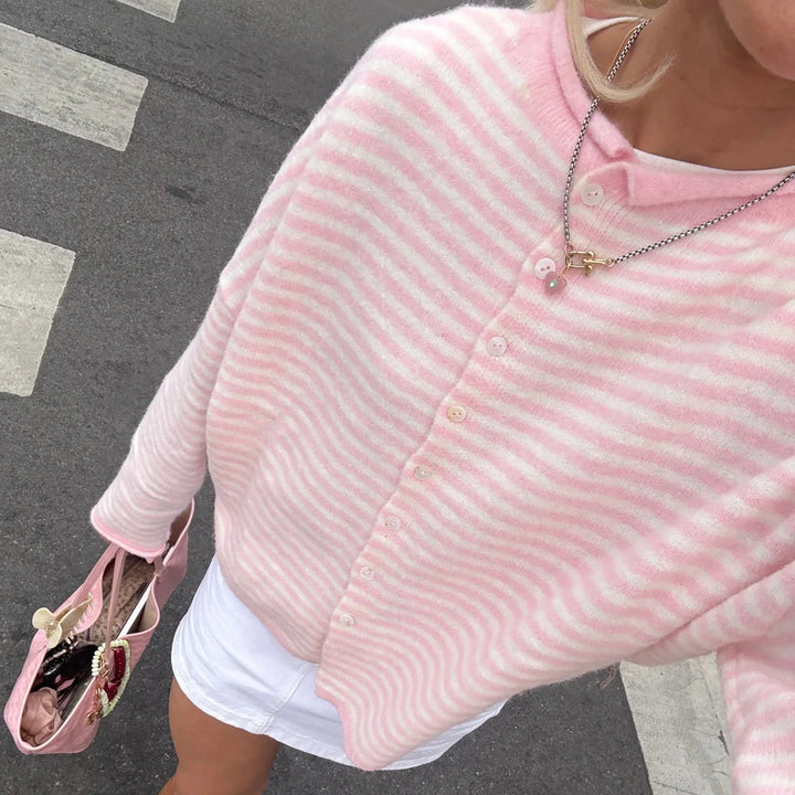 Cozy long-sleeve striped women's cardigan featuring a stylish button-front and stand collar.