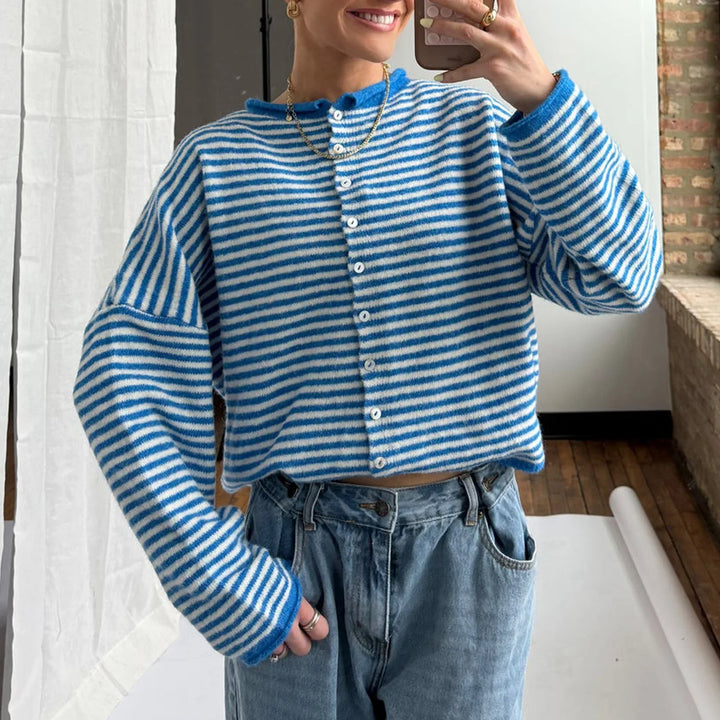 Fashionable women's striped sweater cardigan, button-front, stand collar. Ideal for layered casual wear.
