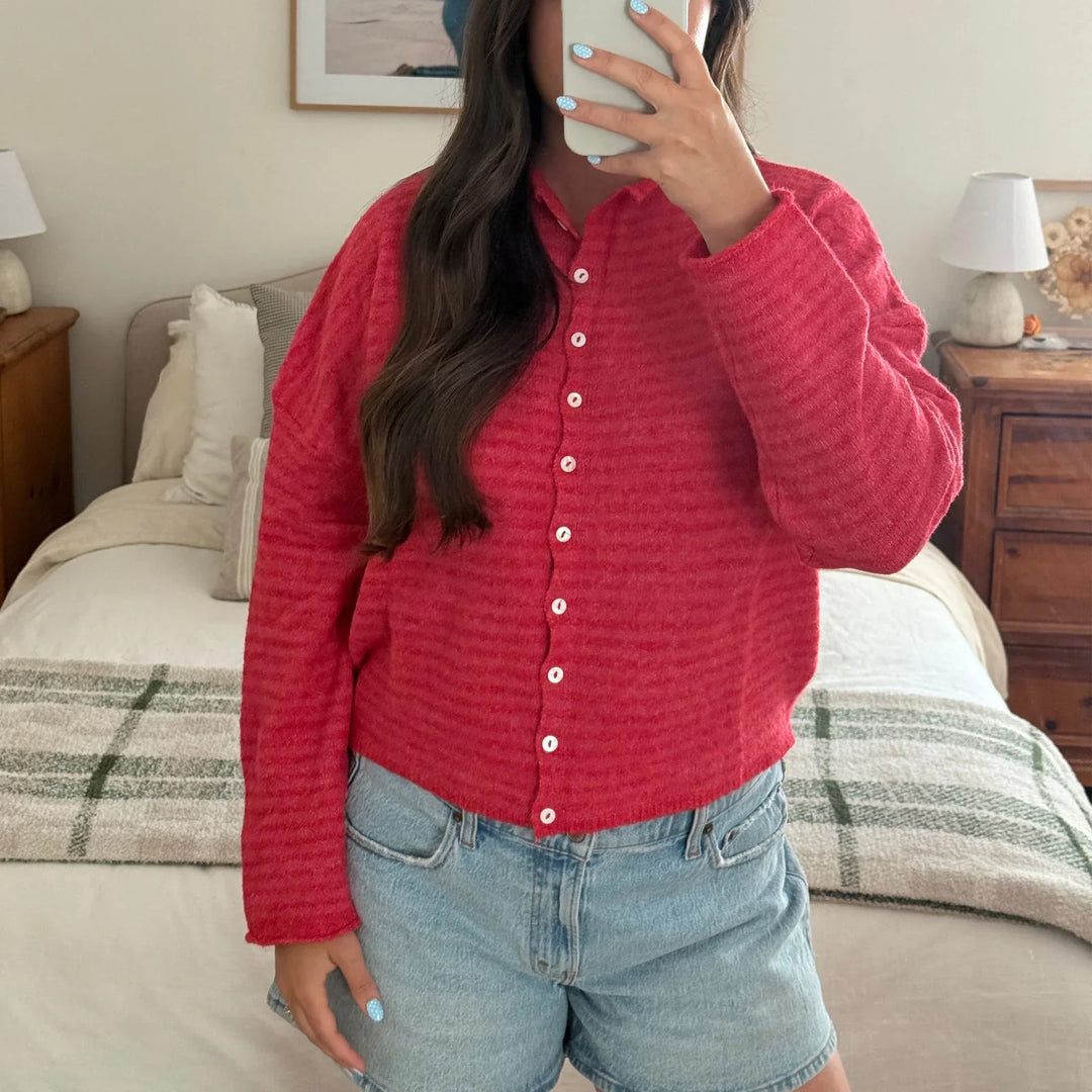 Stylish women's striped cardigan with a classic button-front, stand collar, and comfortable long sleeves.