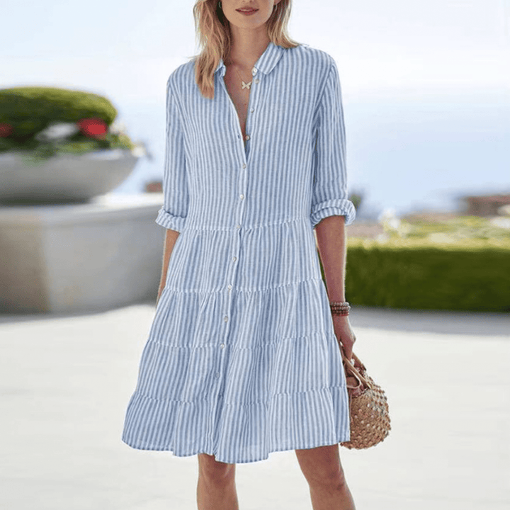 Stylish women's striped button-front tiered mini dress. A versatile collared day dress for summer casual elegance.