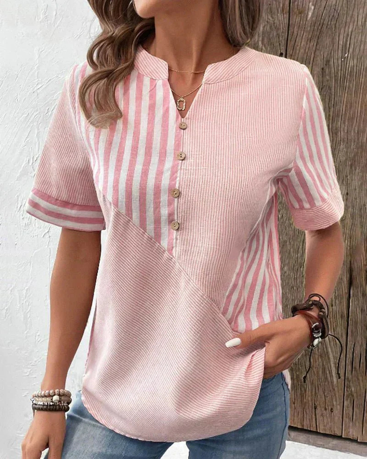 Women's striped colorblock half-button blouse, short sleeve, perfect for casual summer style & everyday chic.