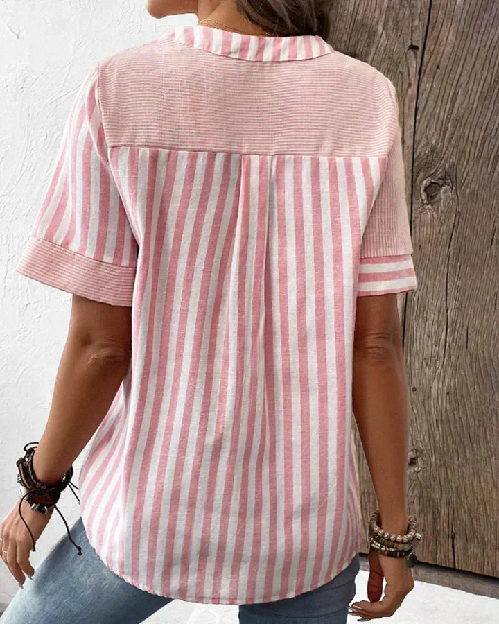 Effortless women's colorblock striped top, half-button & short sleeve, great for summer fashion.