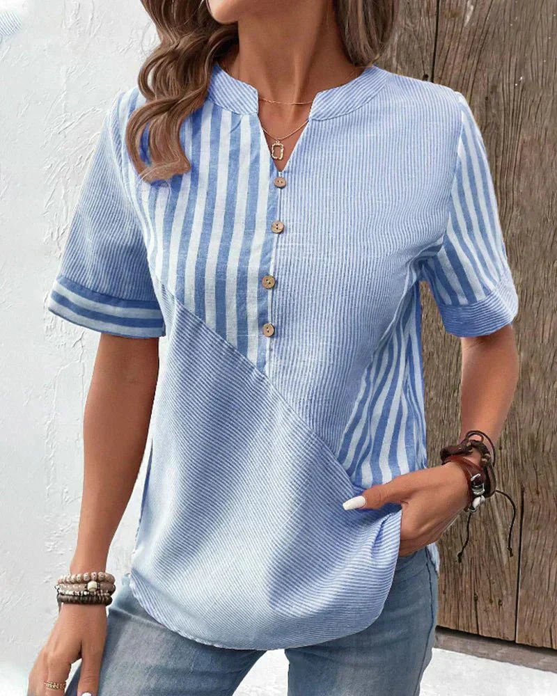 Women's modern striped colorblock blouse, half-button, short sleeve, excellent for casual summer outfits.
