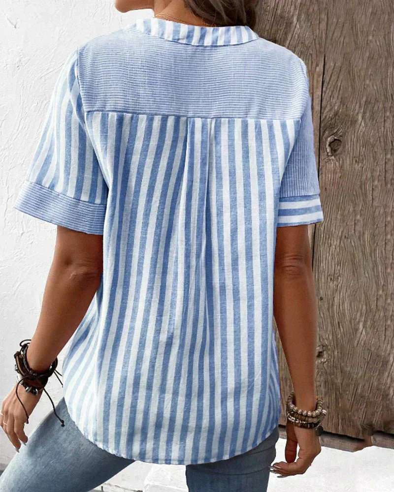Versatile women's half-button striped colorblock top, short sleeve, bringing effortless style to any day.