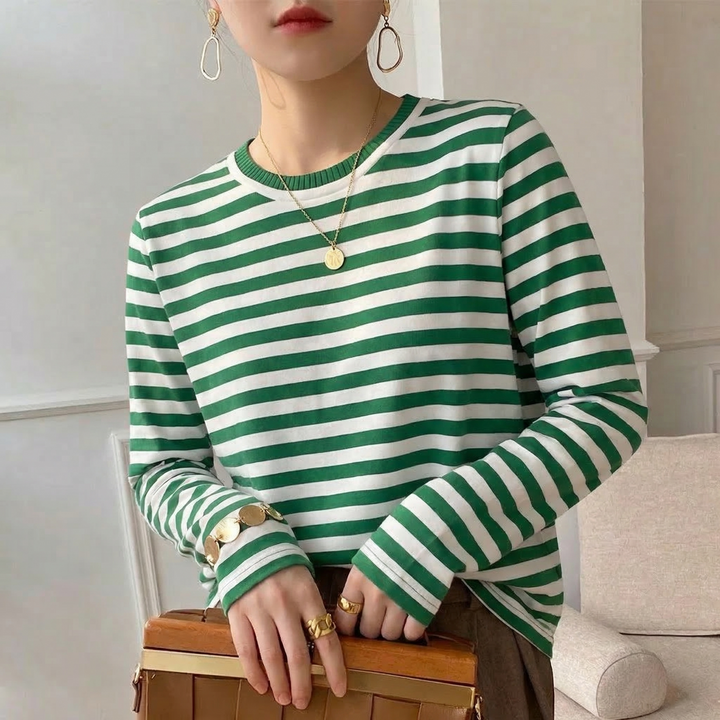 Stylish women's striped long sleeve cotton t-shirt, a versatile casual top perfect for any season.