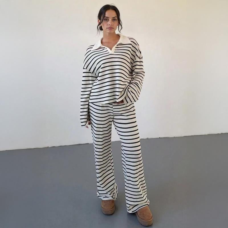 Comfortable women's striped knit lounge set, perfect leisurewear with soft cotton viscose fabric