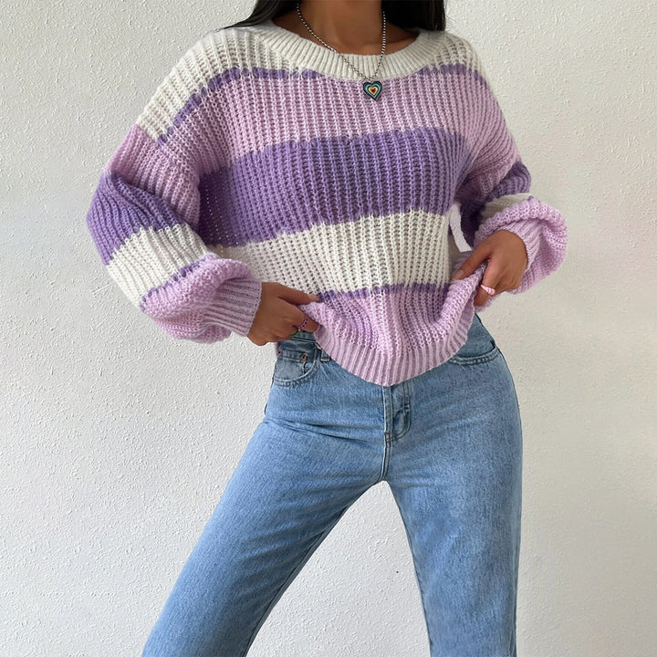 Women's striped knit pullover sweater, long sleeve for autumn fashion & casual wear