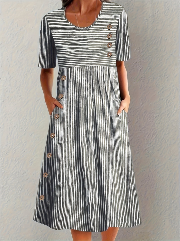 Versatile women's striped midi dress with front buttons & pockets, ideal for a chic summer outfit or casual day wear.