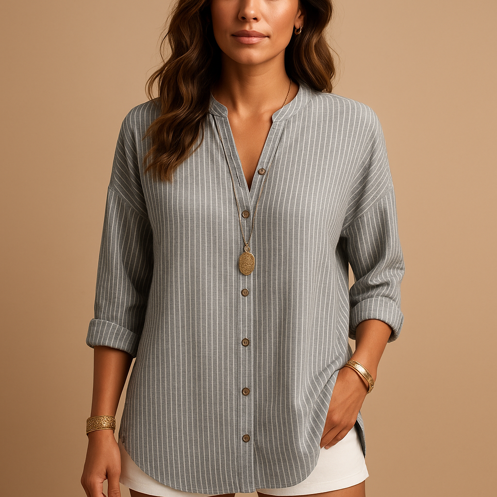 Fashionable women's long sleeve striped V-neck blouse, ideal for versatile smart casual outfits.