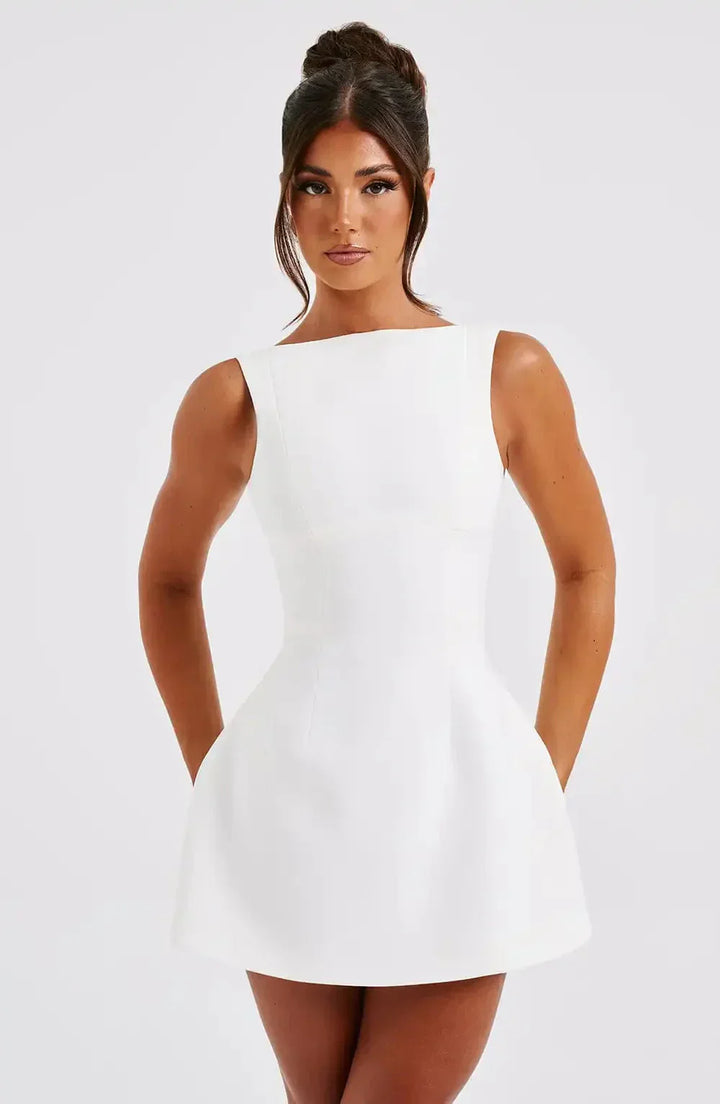 Elegant women's structured fit & flare mini dress, a chic boat neck party dress or cocktail attire.