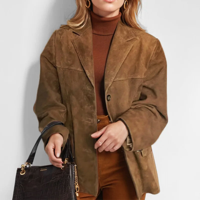 Women's stylish black button-down blazer jacket, perfect for business casual wear and professional outfits.