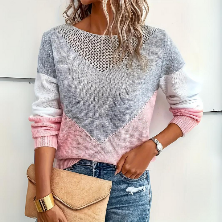 Stylish women's color block sweater, a versatile knit top with mesh detail suitable for winter fashion