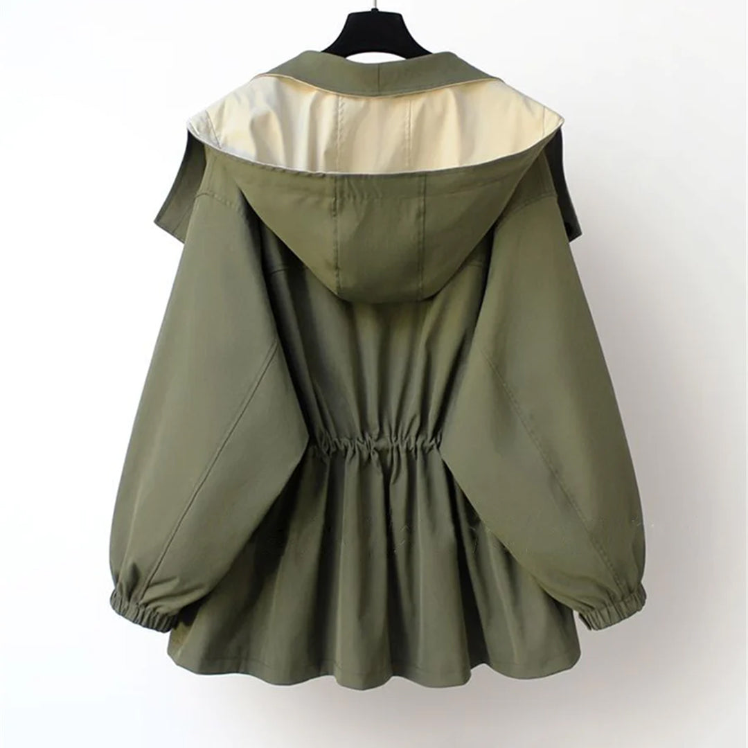 Stylish women's jacket with hood, double layer design for warmth, ideal for seasonal layering.