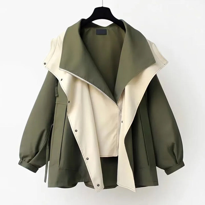 Relaxed fit women's outerwear, a double layer hooded jacket providing both style and comfort.