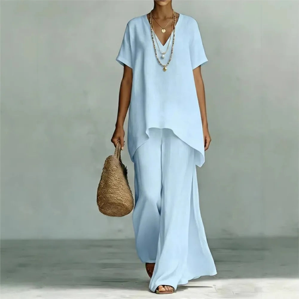Women's stylish linen blend two piece set with a relaxed fit top & wide-leg pants, perfect for comfortable summer wear.