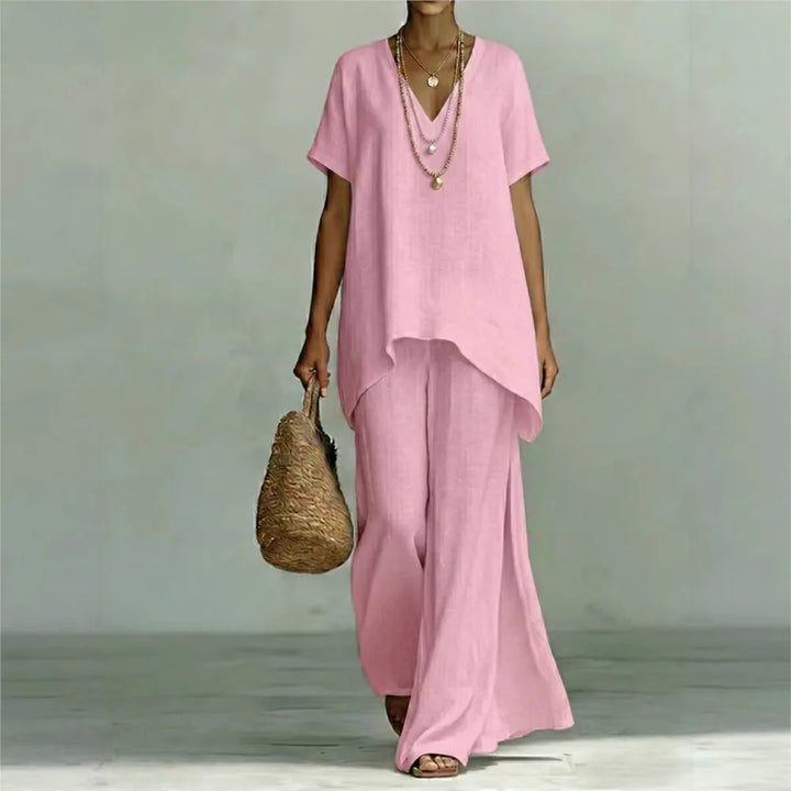 Comfortable women's linen blend two piece set featuring a casual top and wide-leg pants for summer resort wear.