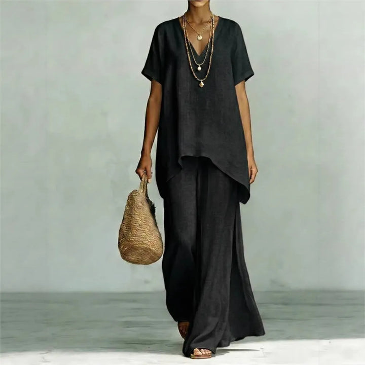 Relaxed fit women's linen blend top and wide-leg pants two piece set, ideal for stylish summer outfits.