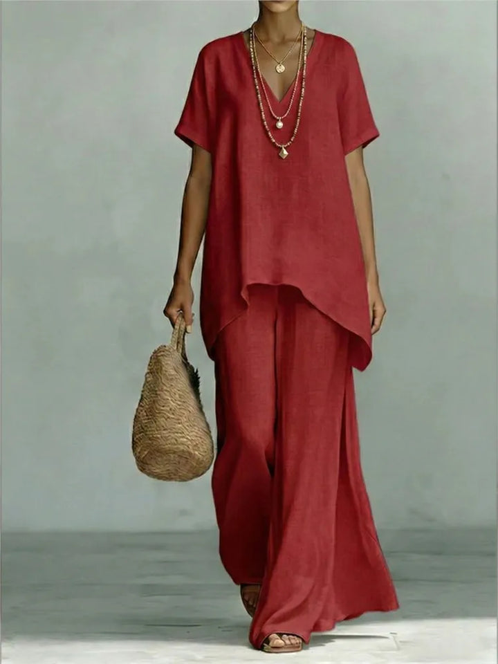 Stylish women's linen blend two piece set: comfortable top and flowy wide-leg pants for warm-weather fashion.