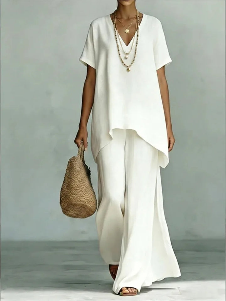 Versatile women's linen blend two piece set featuring a casual top and wide-leg pants, perfect for summer & resort.