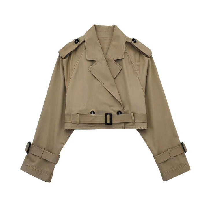 Fashionable women's cropped jacket, a double-breasted trench coat design for modern outerwear