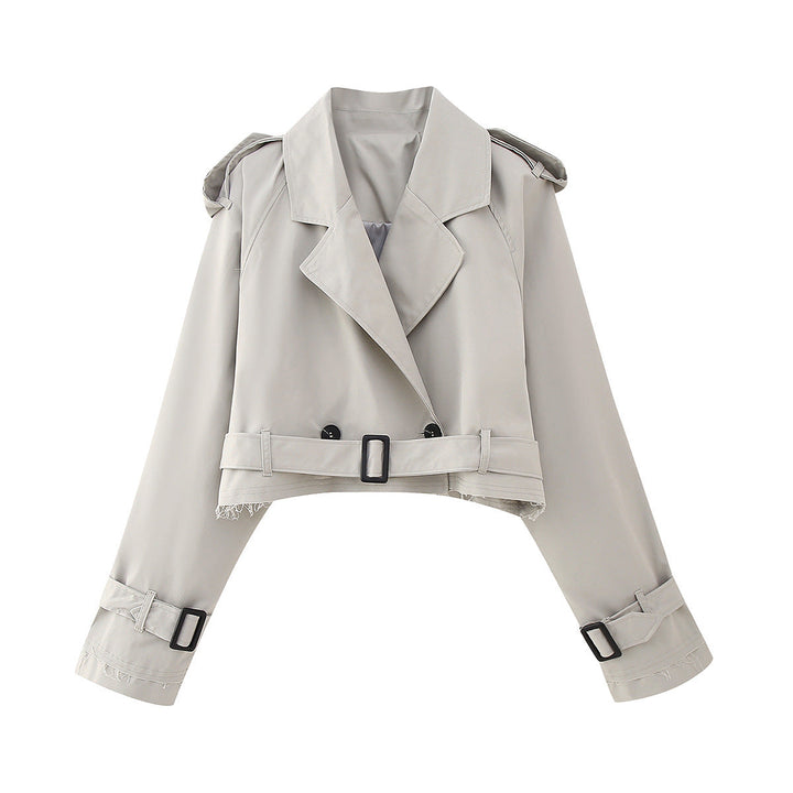 Classic double-breasted women's trench coat in a short length, elegant and trendy outerwear