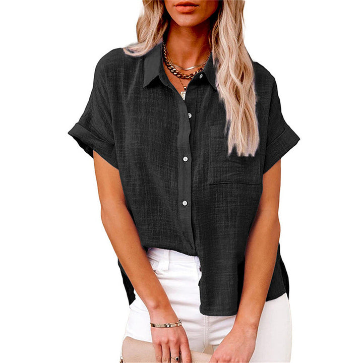 Women's stylish short sleeve button-down shirt, perfect for casual summer wear. Effortless chic fashion top.