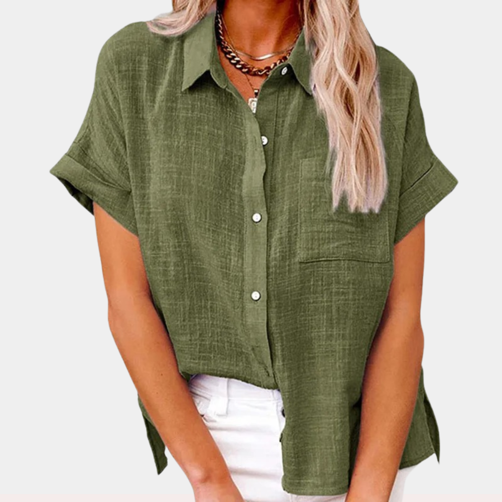 Chic women's short sleeve button-down blouse, ideal summer top. Collared for a refined yet casual look.