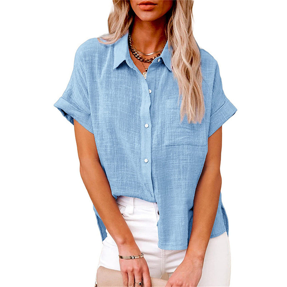 Stylish women's short sleeve button-down for effortless everyday wear. A comfortable casual top for women's fashion.