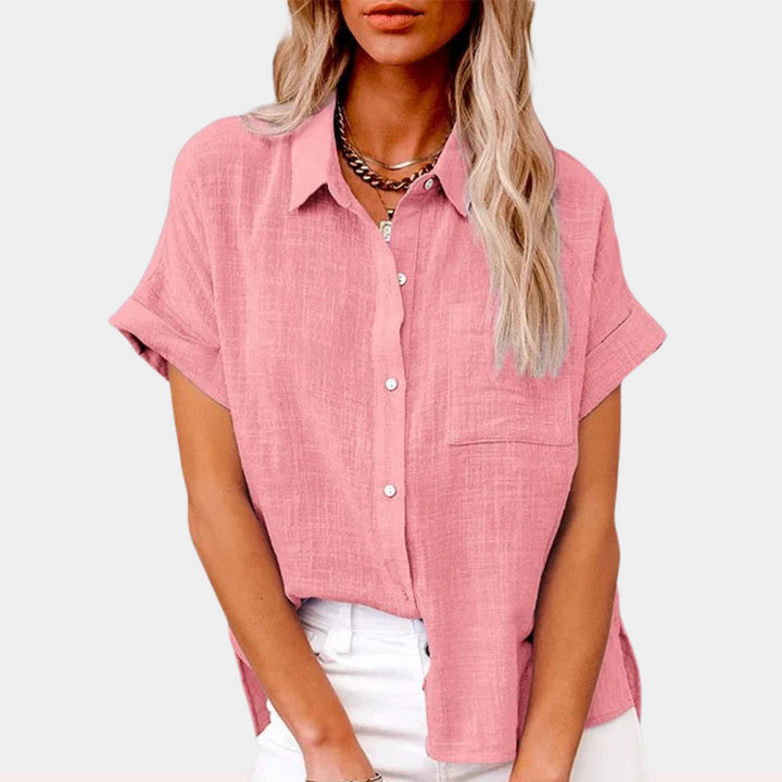 Women's casual short sleeve button-down shirt. Versatile summer blouse with a chic collared design.