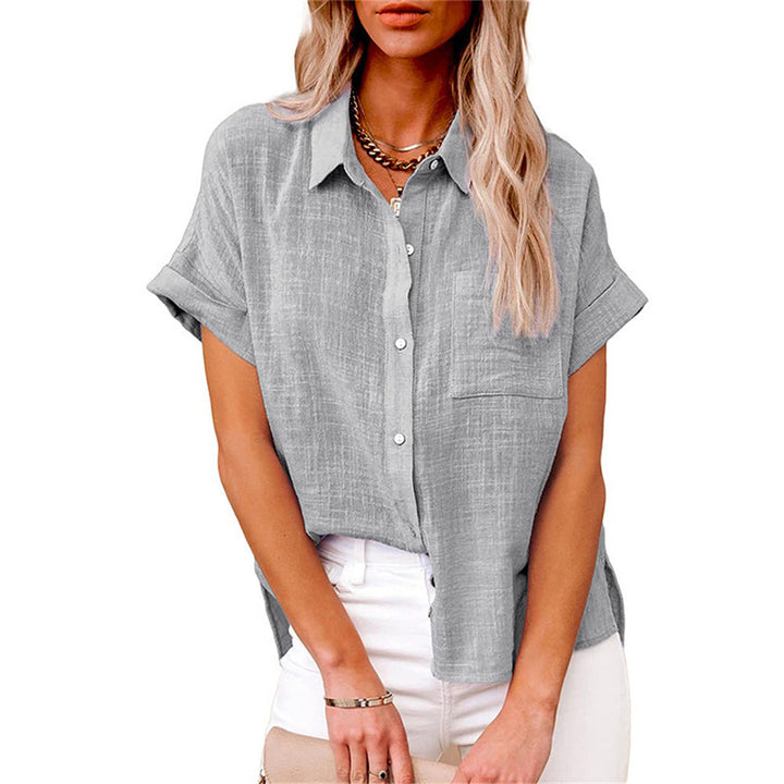 Relaxed fit women's short sleeve button-down shirt. A comfortable, chic casual top for summer fashion.