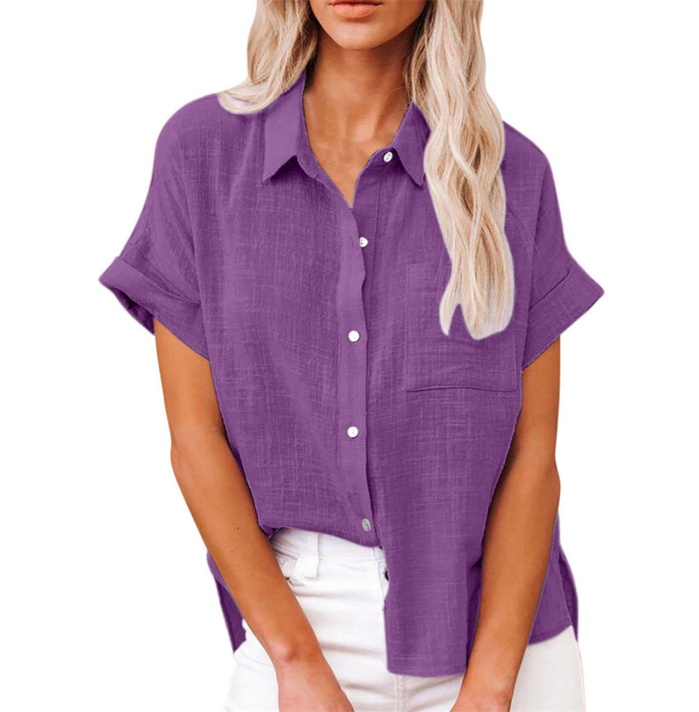 Women's short sleeve button-down shirt, an effortless chic collared top with full button closure for summer.