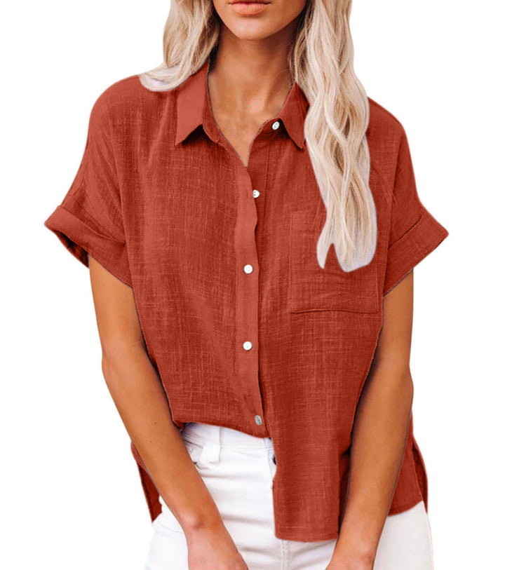 Stylish women's short sleeve button-down collared shirt with chest pocket. A versatile casual summer blouse.
