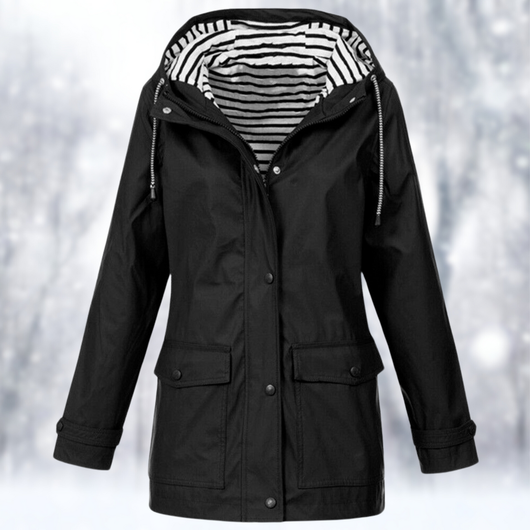 Women's stylish waterproof hooded raincoat. Lightweight casual outerwear for spring & fall rain protection.
