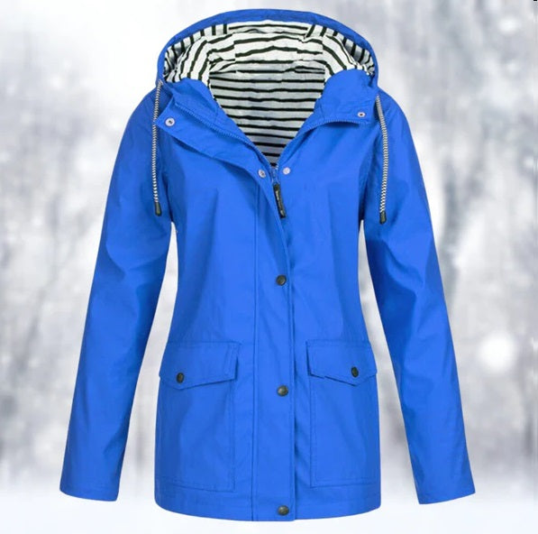 Comfortable women's waterproof hooded jacket. Stylish outerwear, perfect for spring and fall rain.