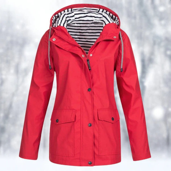 Stylish women's rain protection coat. Lightweight & waterproof hooded jacket for casual spring/fall wear.