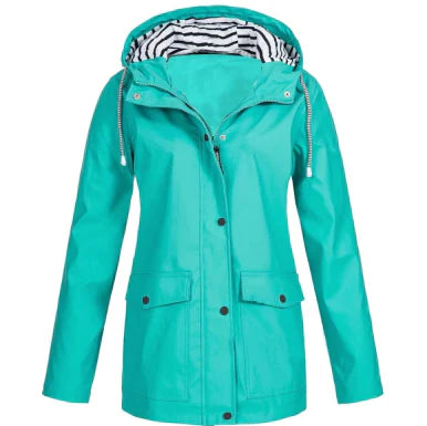 Casual women's waterproof hooded jacket. Lightweight outerwear, perfect for stylish rain protection in spring & fall.