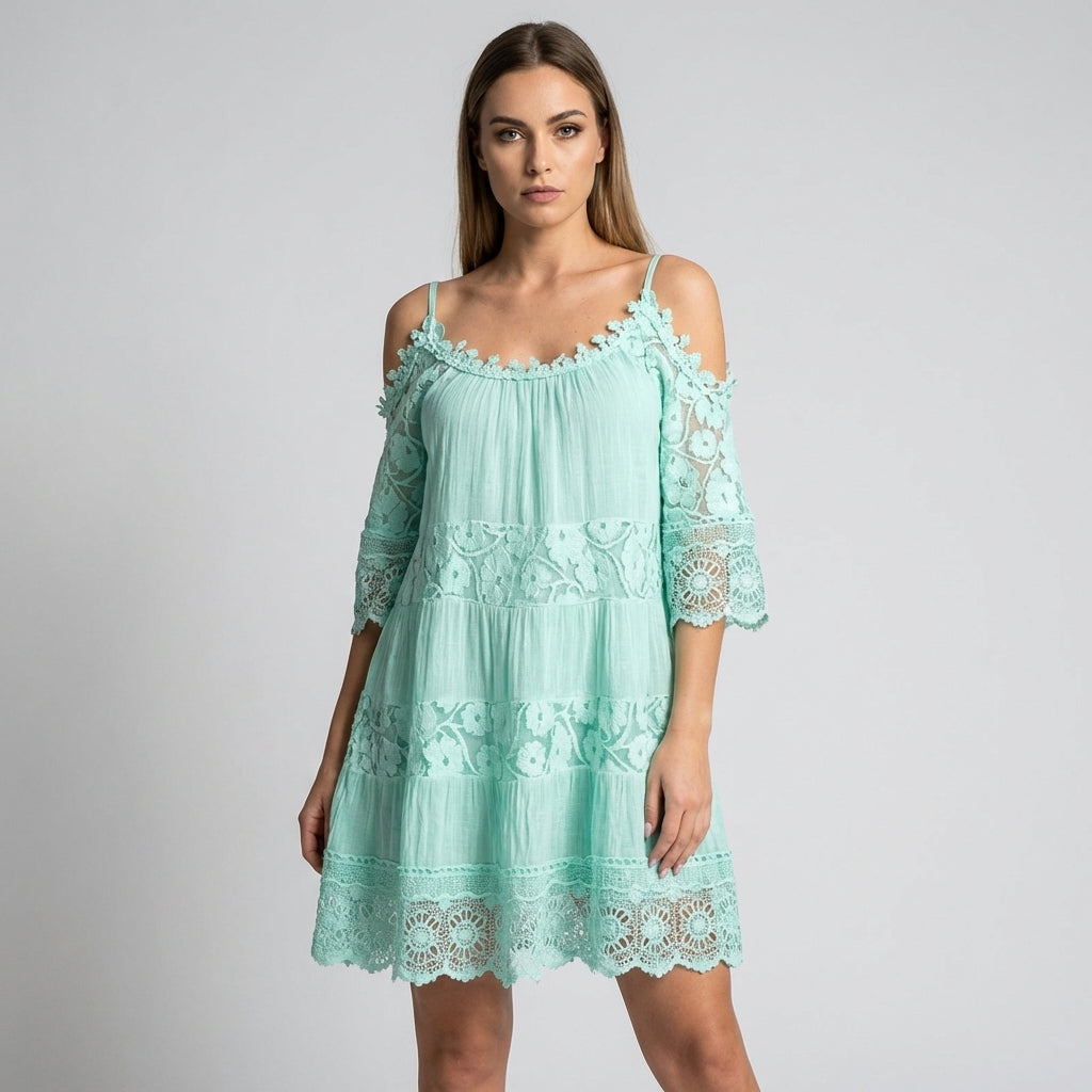 Women's summer mini dress with delicate crochet lace & embroidery, featuring a cold shoulder and loose fit.