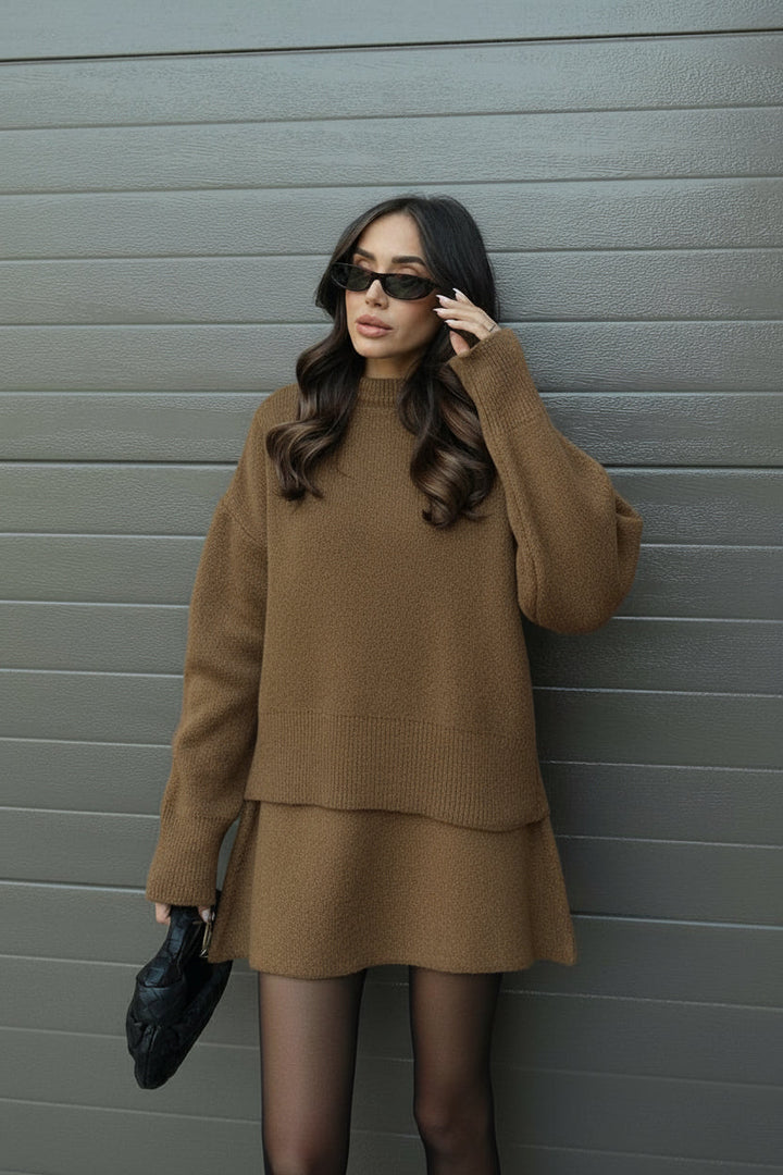 Comfortable women's sweater and mini skirt knit set, versatile for various casual occasions